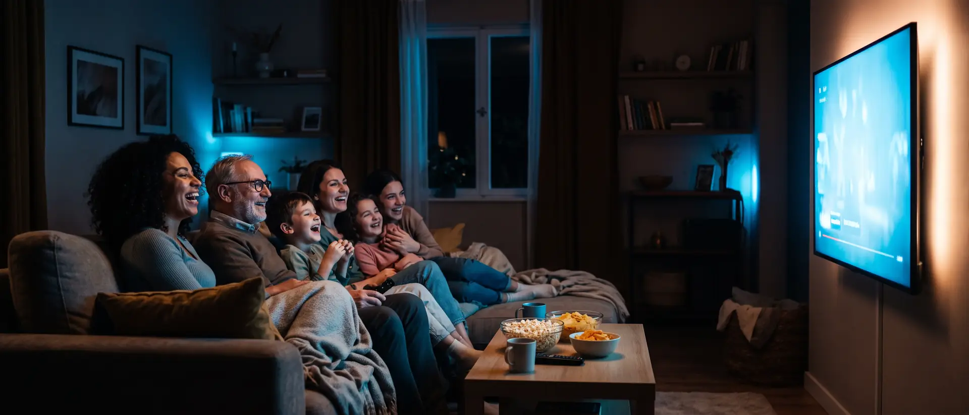 Household settled on the sofa watching AllTimeIPTV together on a large living room television