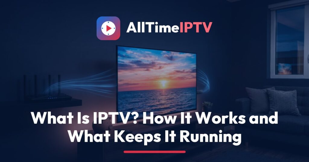 What is IPTV explained: a TV showing channel tiles, a streaming stick and a wired router carrying a steady AllTimeIPTV stream