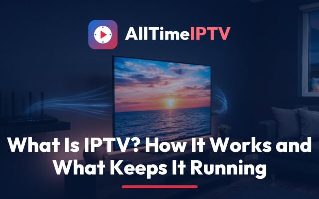 What is IPTV explained: a TV showing channel tiles, a streaming stick and a wired router carrying a steady AllTimeIPTV stream