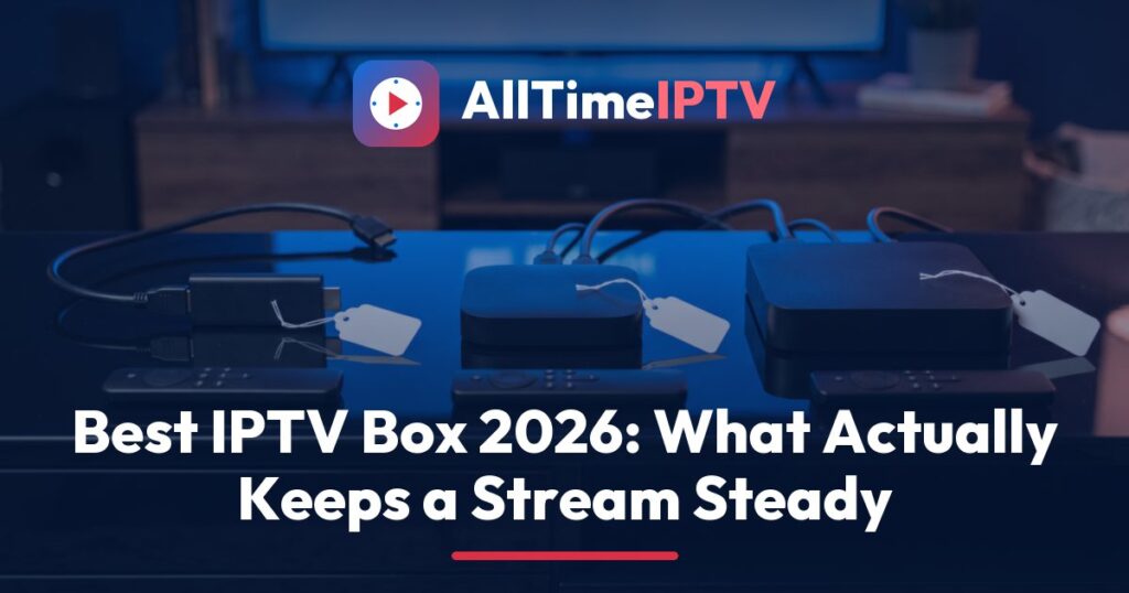 Choosing the best IPTV box: three unbranded streaming devices with an Ethernet cable for a steady AllTimeIPTV stream