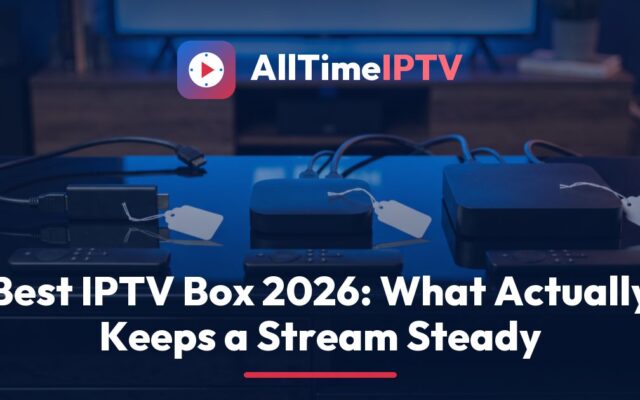 Choosing the best IPTV box: three unbranded streaming devices with an Ethernet cable for a steady AllTimeIPTV stream